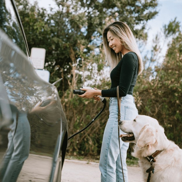 Person with doc plugging their electric car in to charge
